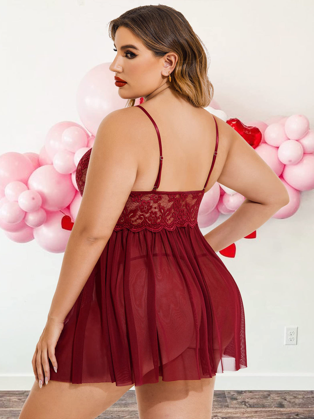 Honeydoll Plus Size Maroon Lace Babydoll Nightdress – V Neck Sheer Lingerie with Side Slit