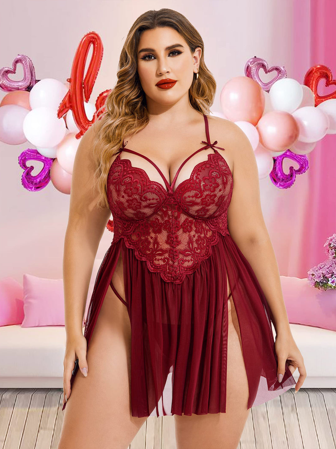 Honeydoll Plus Size Maroon Lace Babydoll Nightdress – V Neck Sheer Lingerie with Side Slit