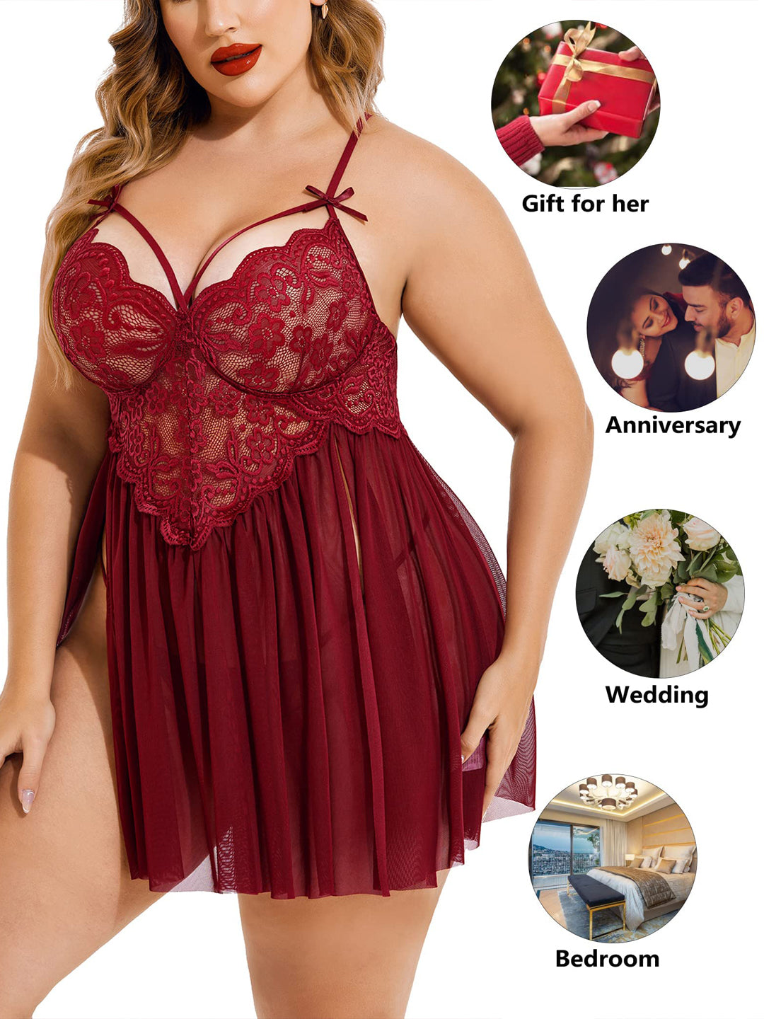 Honeydoll Plus Size Maroon Lace Babydoll Nightdress – V Neck Sheer Lingerie with Side Slit