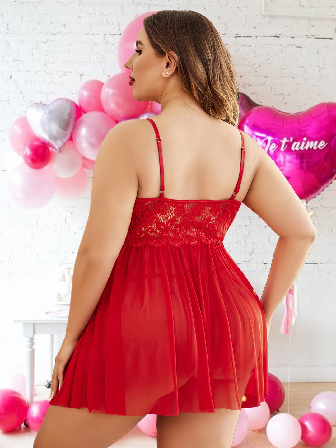 Honeydoll Plus Size Red Lace Babydoll Nightdress – V Neck Sheer Lingerie with Side Slit