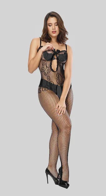 Women Black Fishnet Lace Full Body Stocking Bodysuit Stretchable One Piece Transparent Nightwear