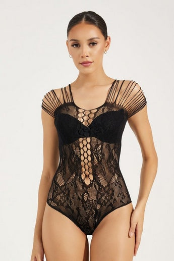 Women Black Lace Mesh Transparent Bodysuit Stylish One Piece Stretchable Nightwear Lingerie