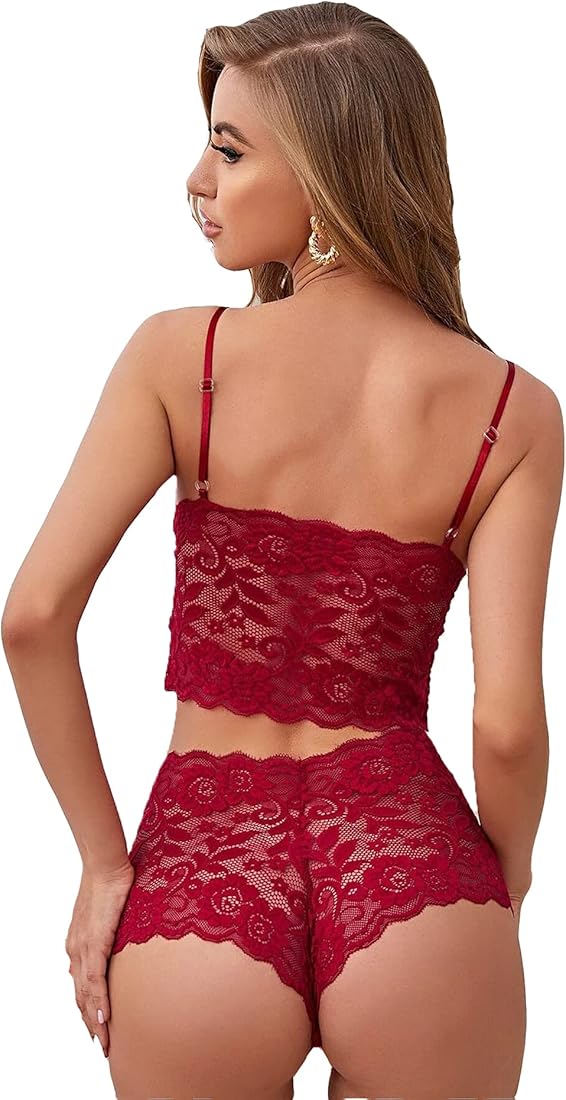 Honeydoll Maroon Lace Bralette Set for Women – Soft Non-Wired Floral Lingerie with Matching High Waist Panty