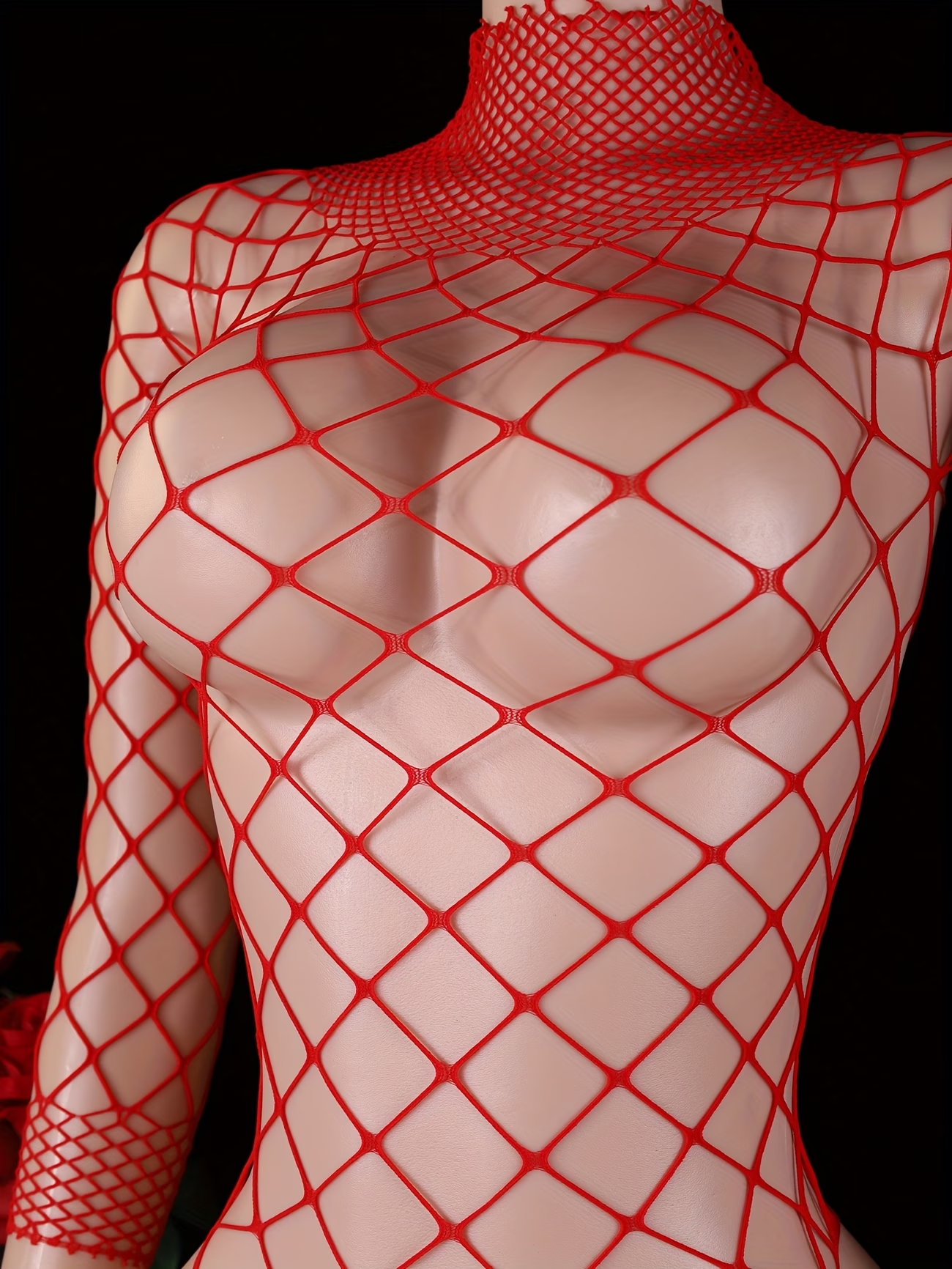 Women Red Fishnet Full Sleeve Bodysuit Transparent Stretchable Mesh Lingerie Nightwear (Free Size)