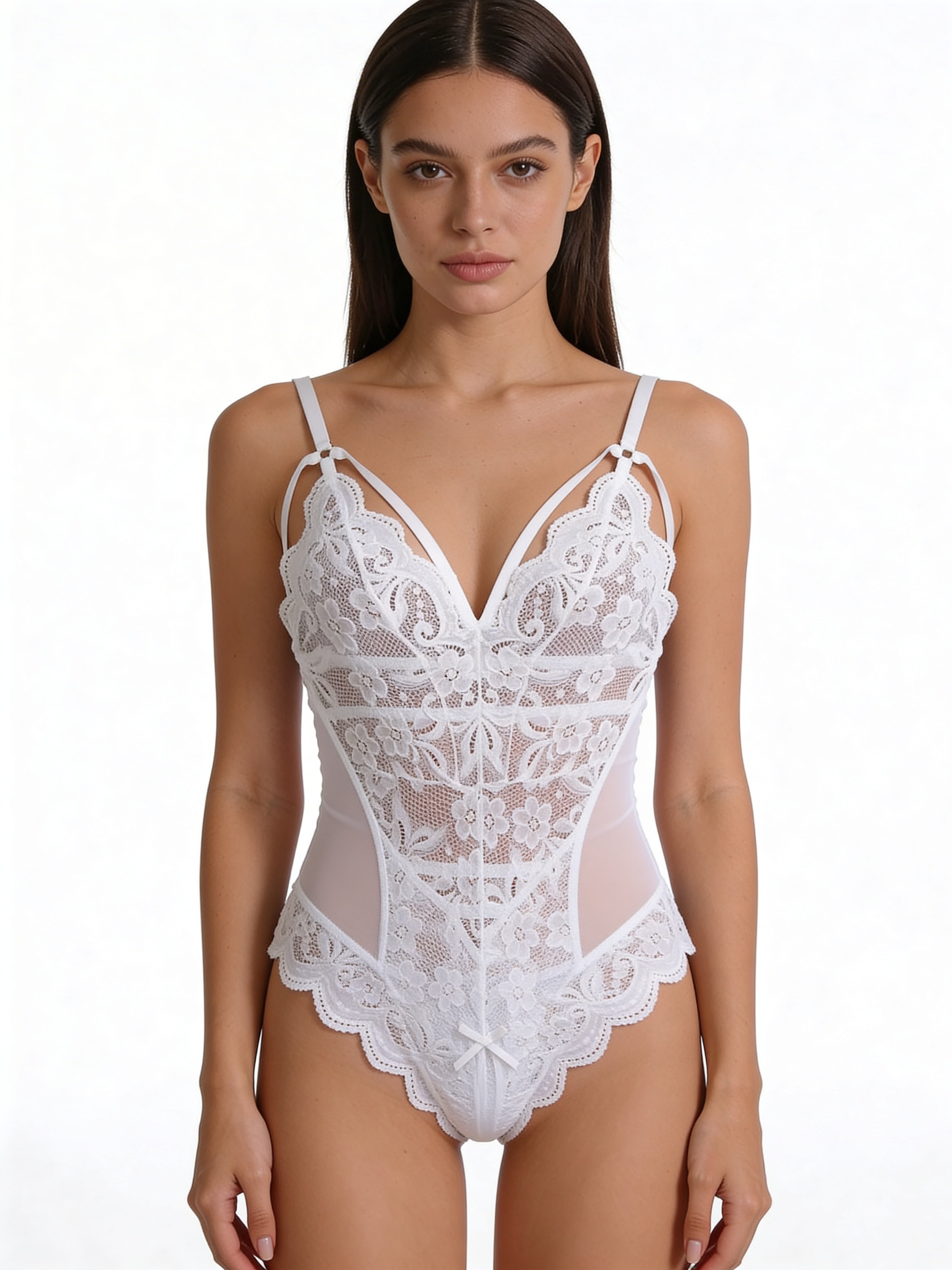 Honeydoll White Lace Teddy for Women – Elegant Deep V Neck One Piece Lingerie Bodysuit with Soft Sheer Floral Lace Nightwear