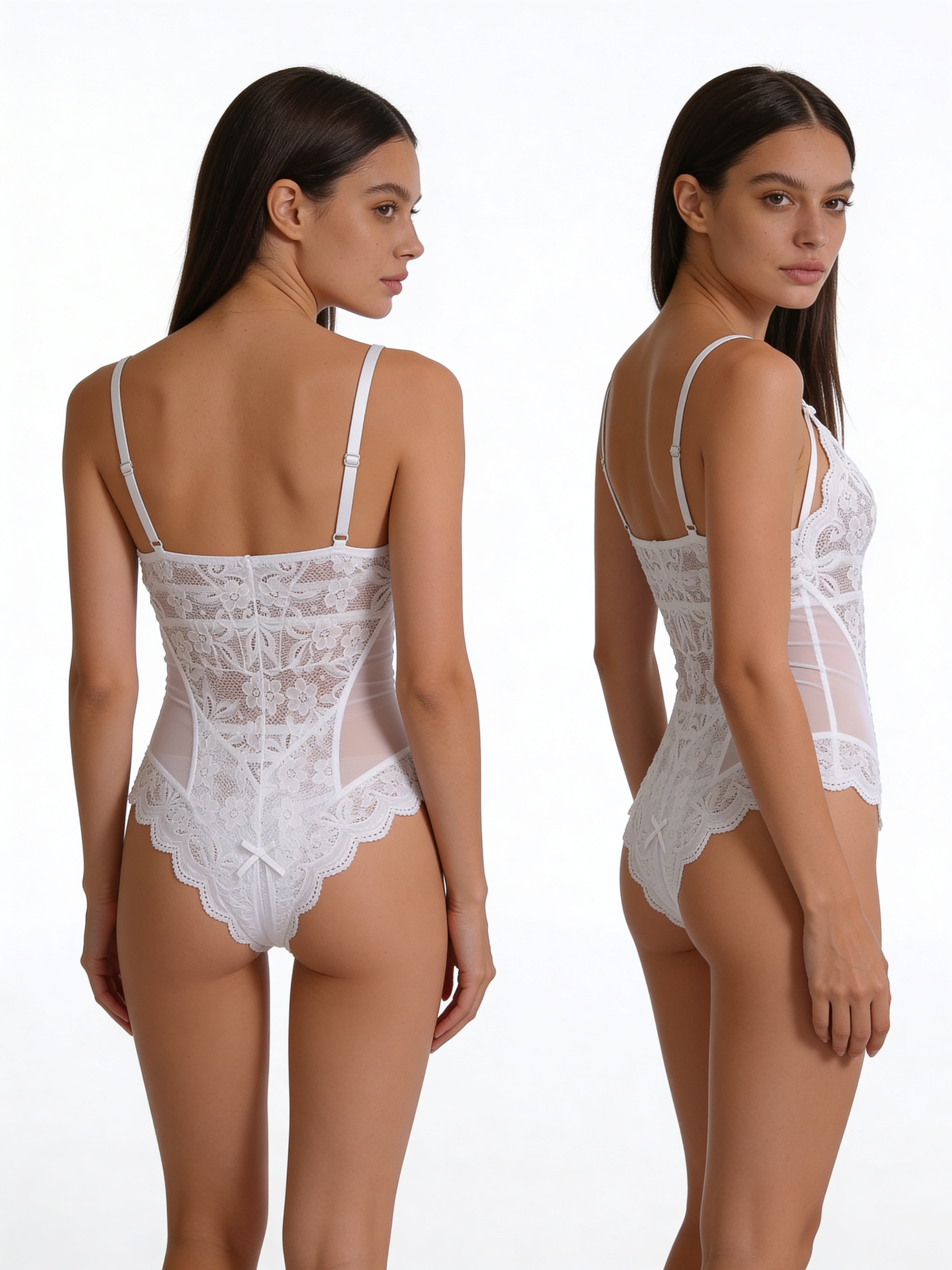 Honeydoll White Lace Teddy for Women – Elegant Deep V Neck One Piece Lingerie Bodysuit with Soft Sheer Floral Lace Nightwear