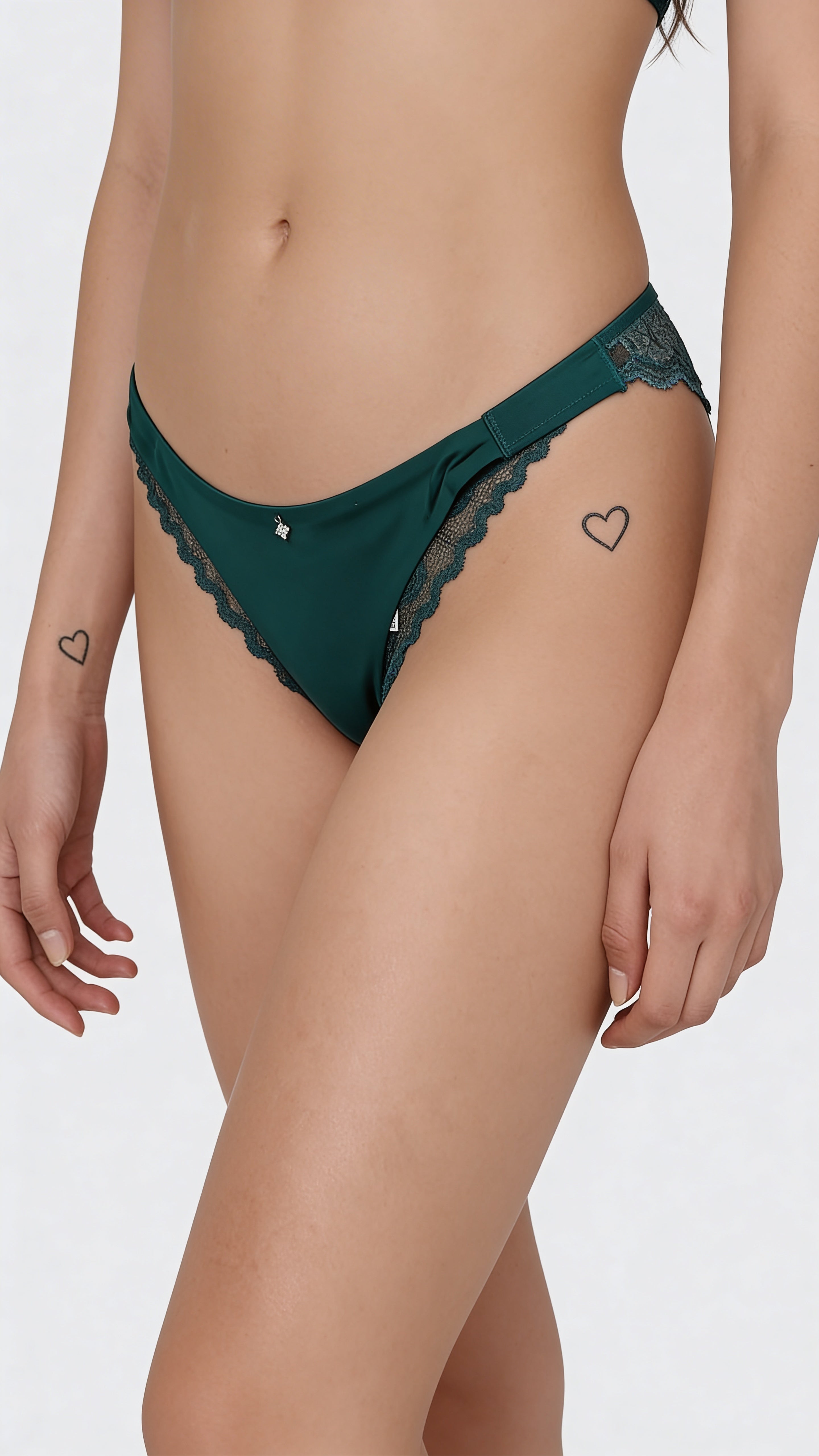 Dark Green Satin Lace Panty for Women – Elegant Soft Bikini Brief with Sheer Lace Sides | Comfortable Lingerie
