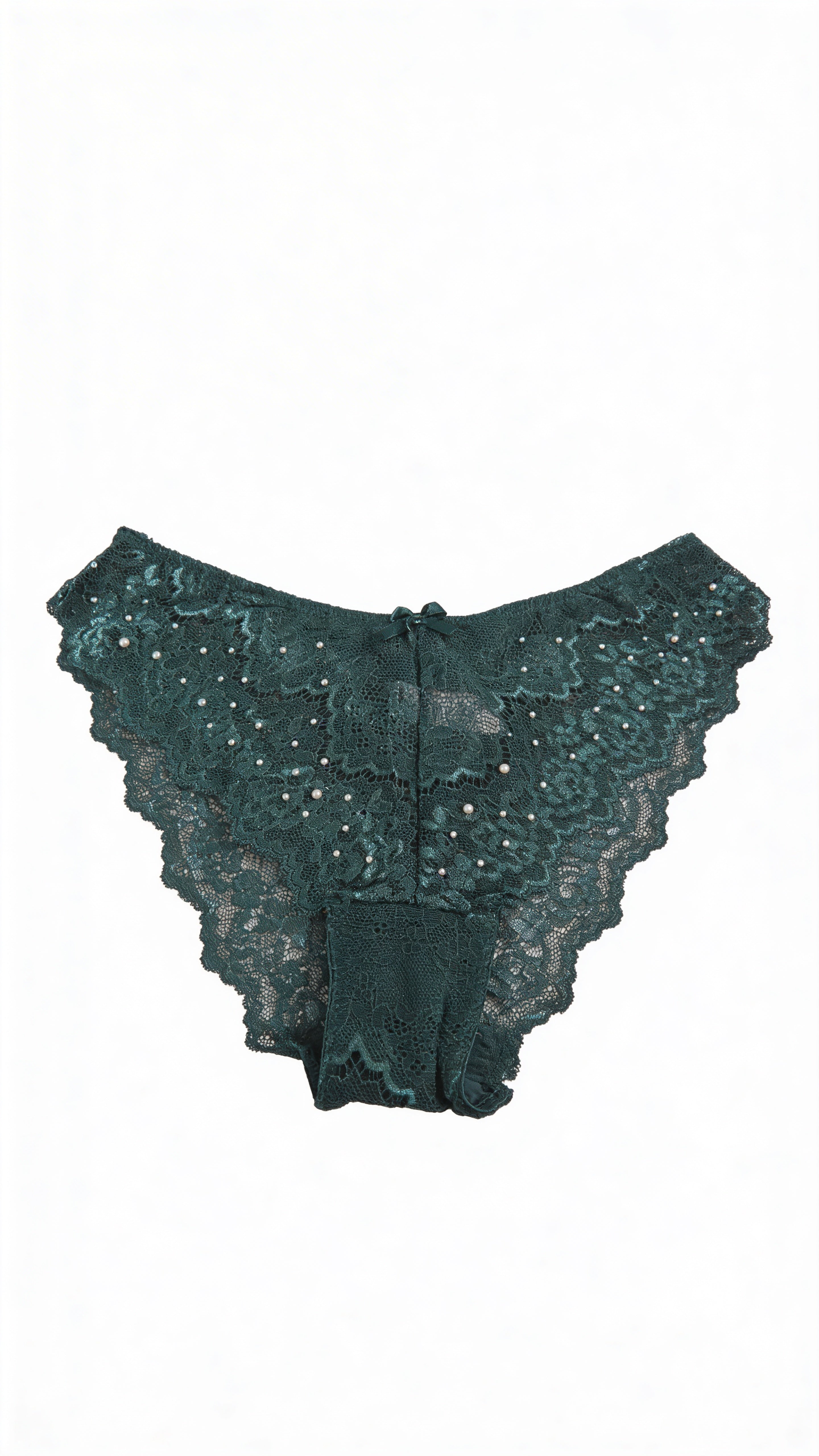 Dark Green Lace Bikini Panty for Women – Elegant Sheer Lace Brief with Pearl Detailing | Soft Comfortable Lingerie