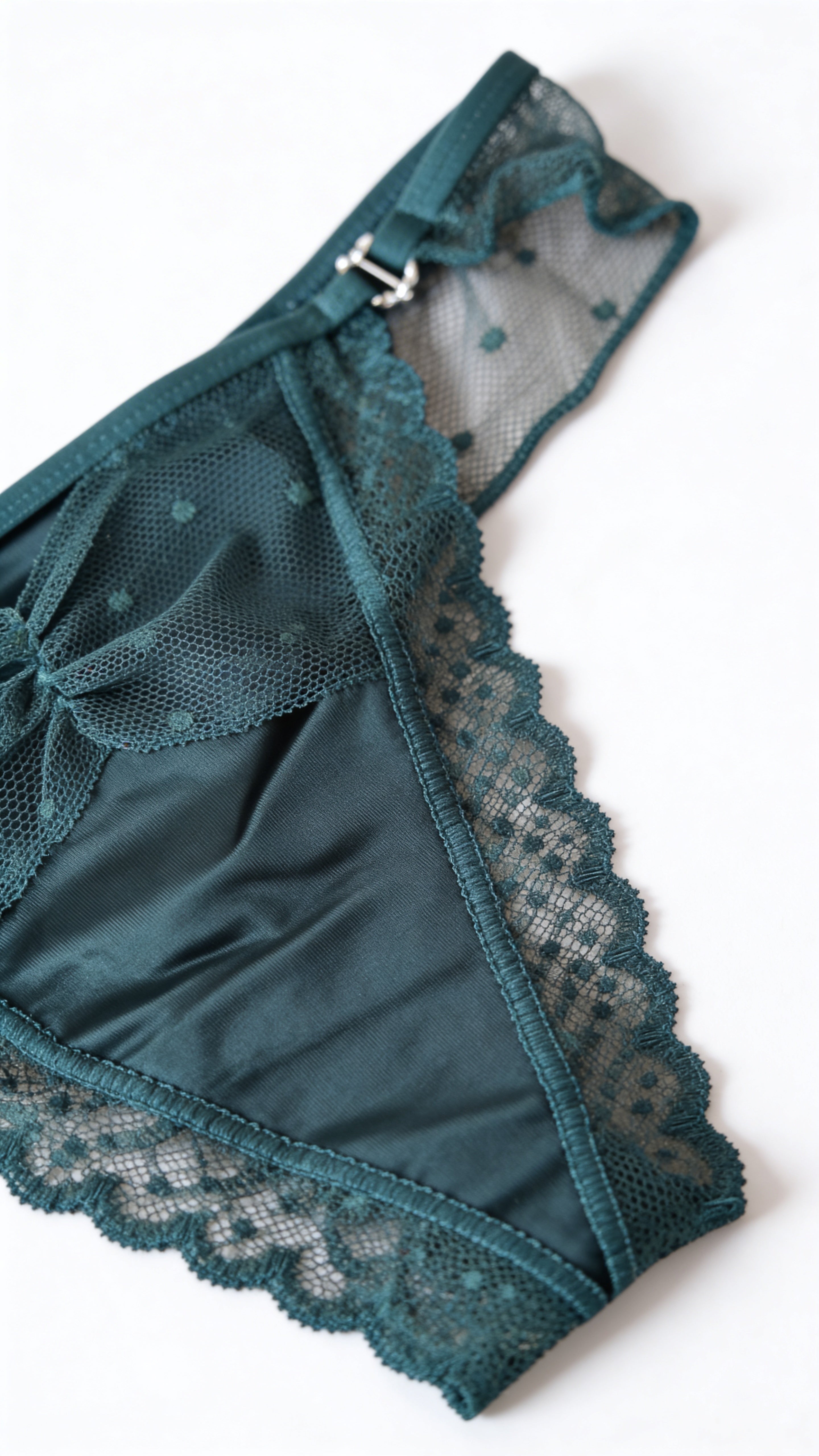 Elegant Teal Lace Panty for Women – Soft Net & Satin Bikini Brief with Side Rings