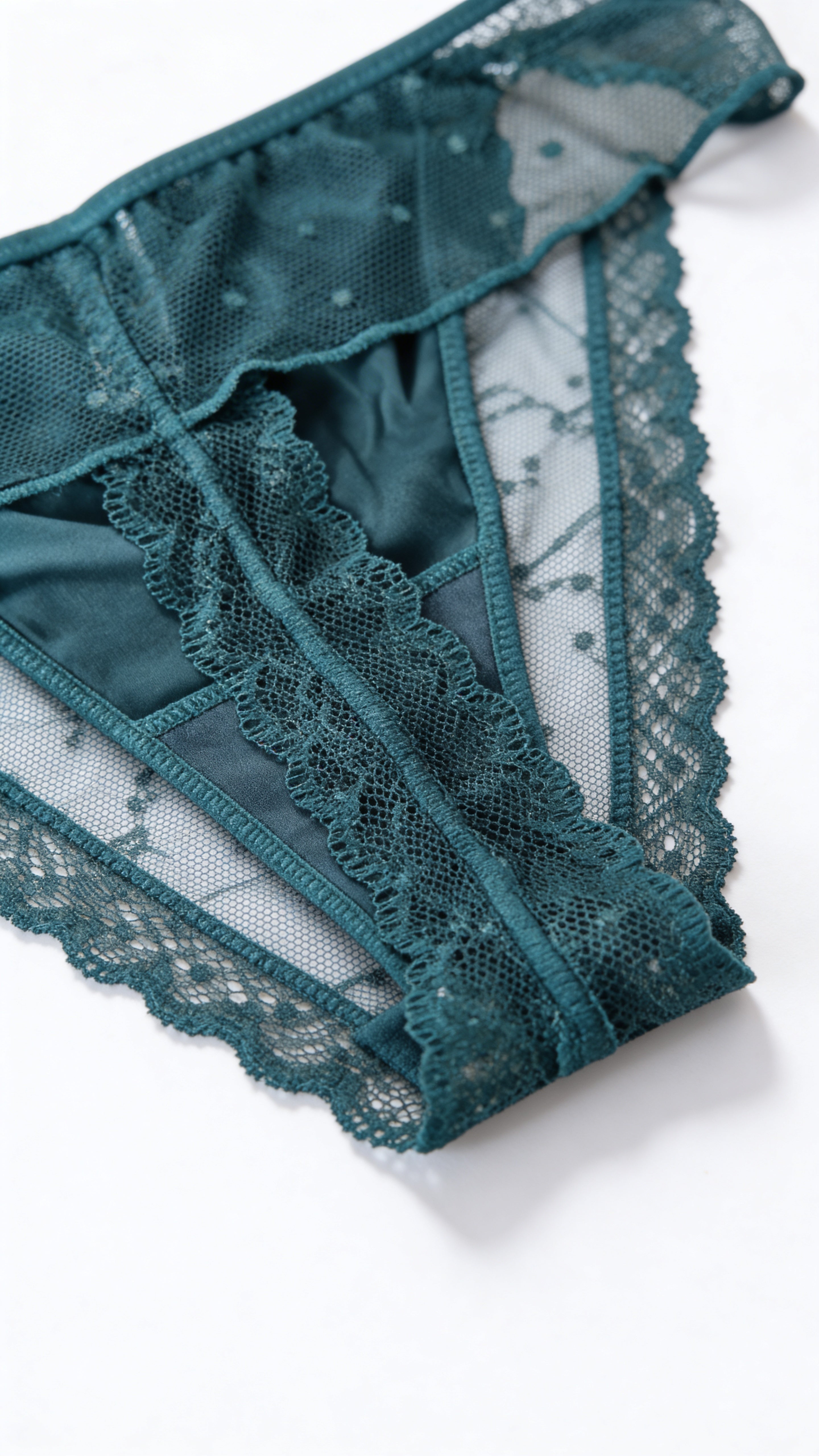 Elegant Teal Lace Panty for Women – Soft Net & Satin Bikini Brief with Side Rings