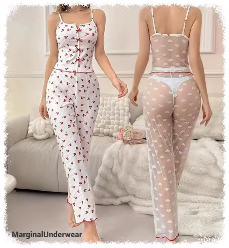 Honeydoll Back Transperent Heart Charm Ribbed Nightwear Set – Premium Cami Top & Lounge Pants
