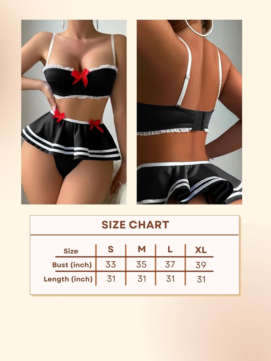 Honeydoll Playful Charm Black & White Skirted Lingerie Set | Red Bow Accents
