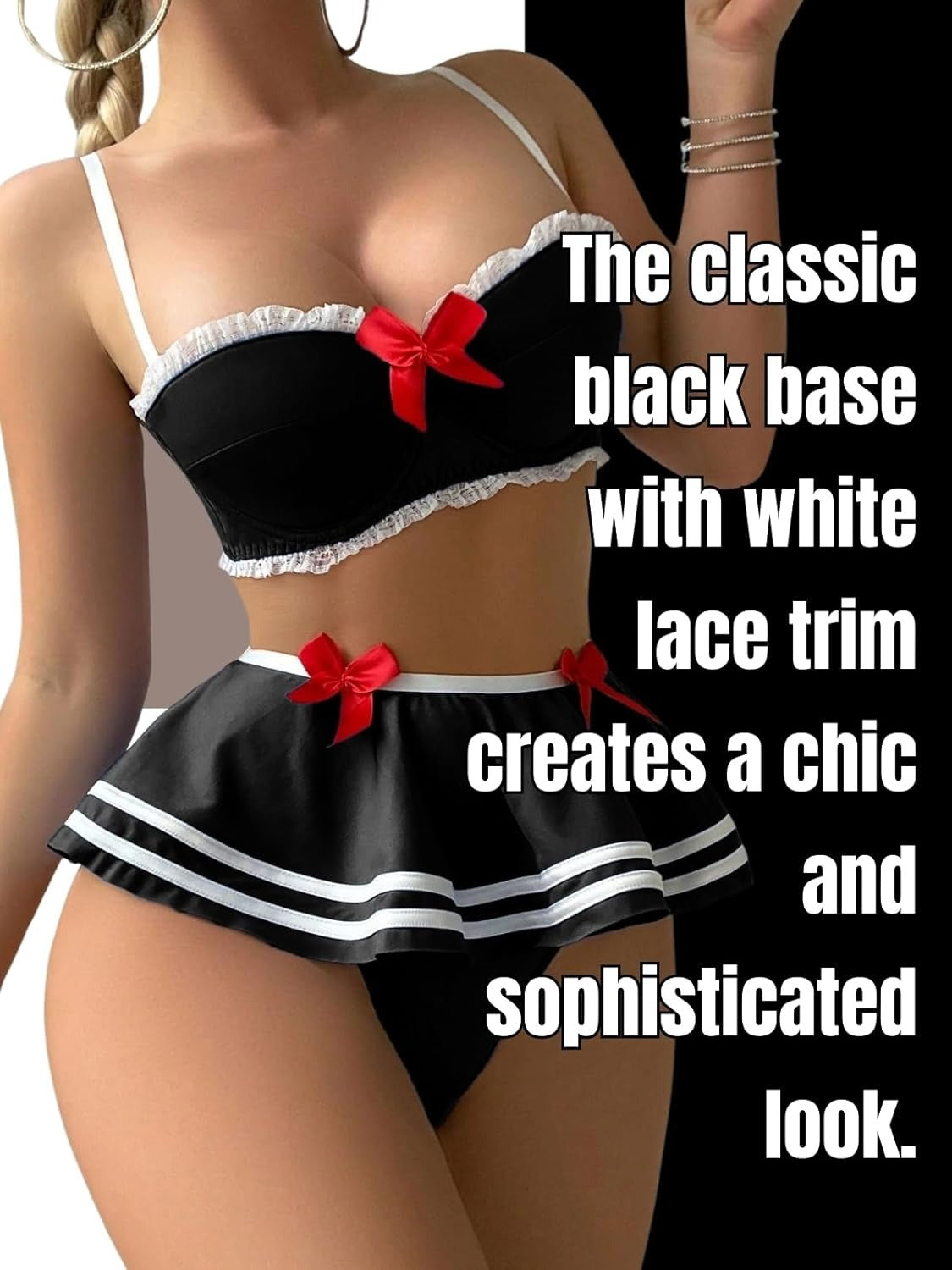 Honeydoll Playful Charm Black & White Skirted Lingerie Set | Red Bow Accents
