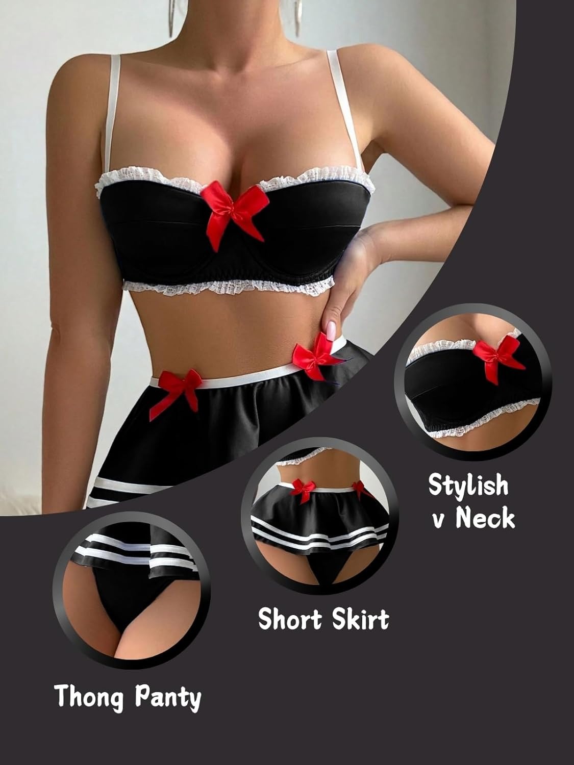 Honeydoll Playful Charm Black & White Skirted Lingerie Set | Red Bow Accents