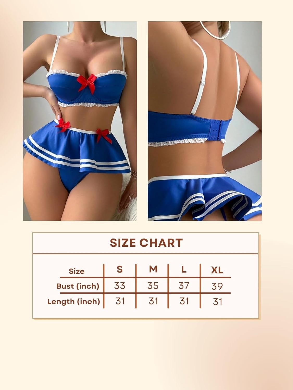 Honeydoll Playful Charm Royal Blue Skirted Lingerie Set | Red Bow Accents