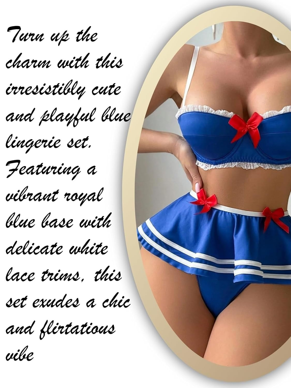 Honeydoll Playful Charm Royal Blue Skirted Lingerie Set | Red Bow Accents