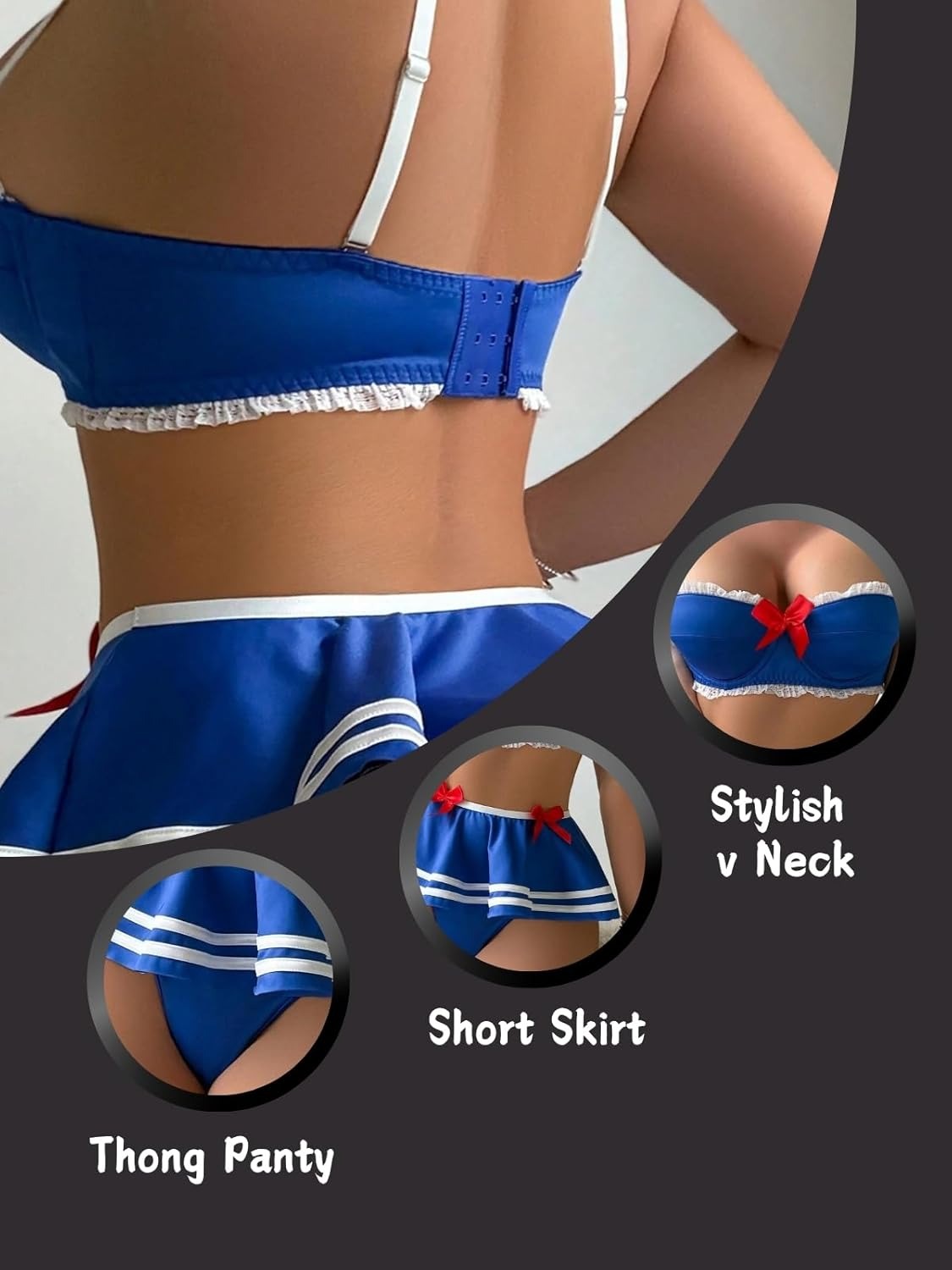 Honeydoll Playful Charm Royal Blue Skirted Lingerie Set | Red Bow Accents