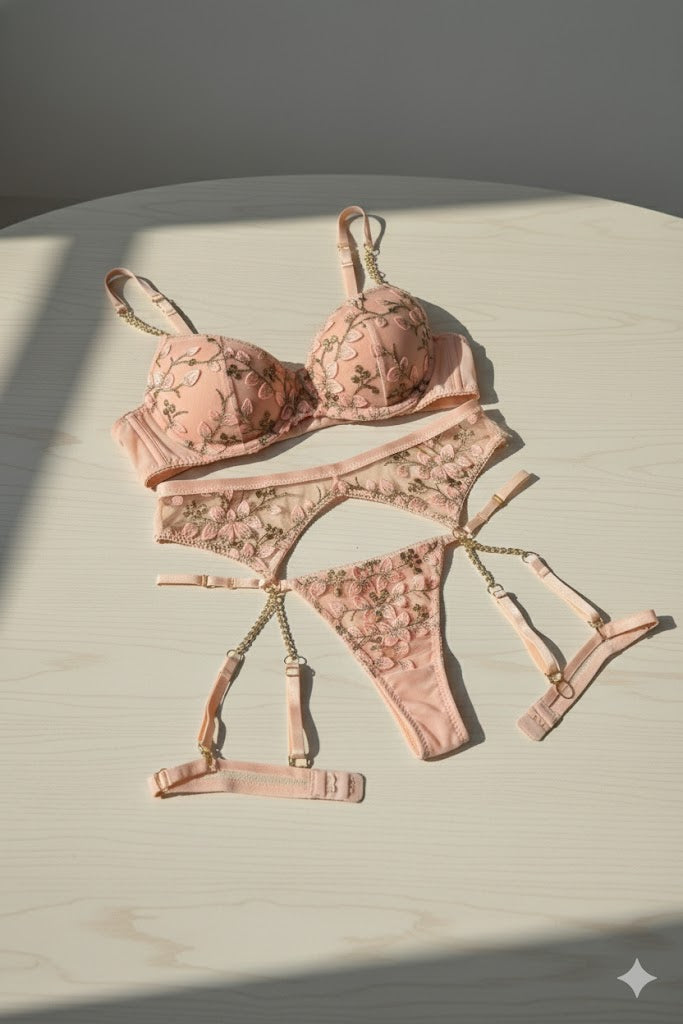 Floral Embroidered Lace Bra & Panty Set with Garter Belt for Women | Premium Lingerie Set