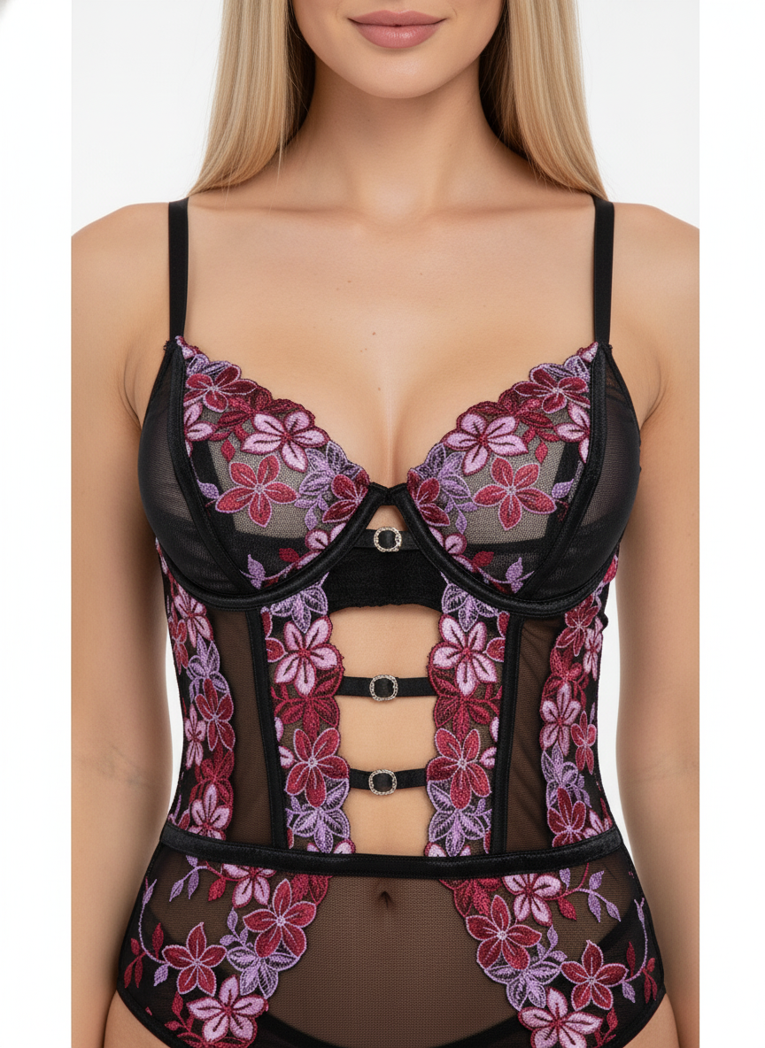 Floral Embroidered Mesh Bodysuit – Black & Burgundy
